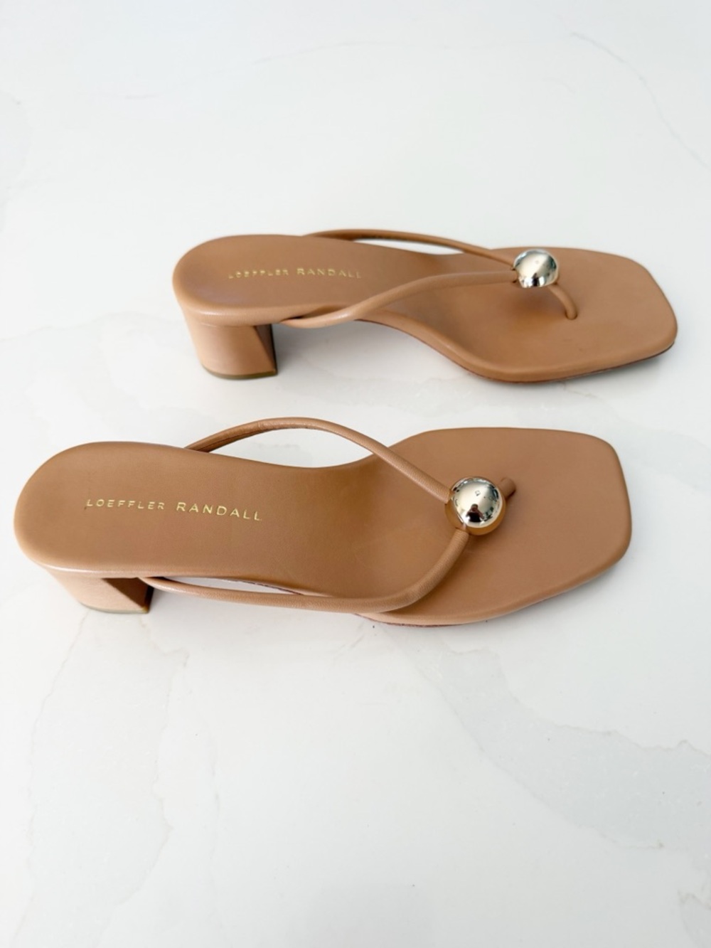 Loeffler Randall Tan Leather Toe-Post Sandals with Gold Dome - Picture 4 of 7